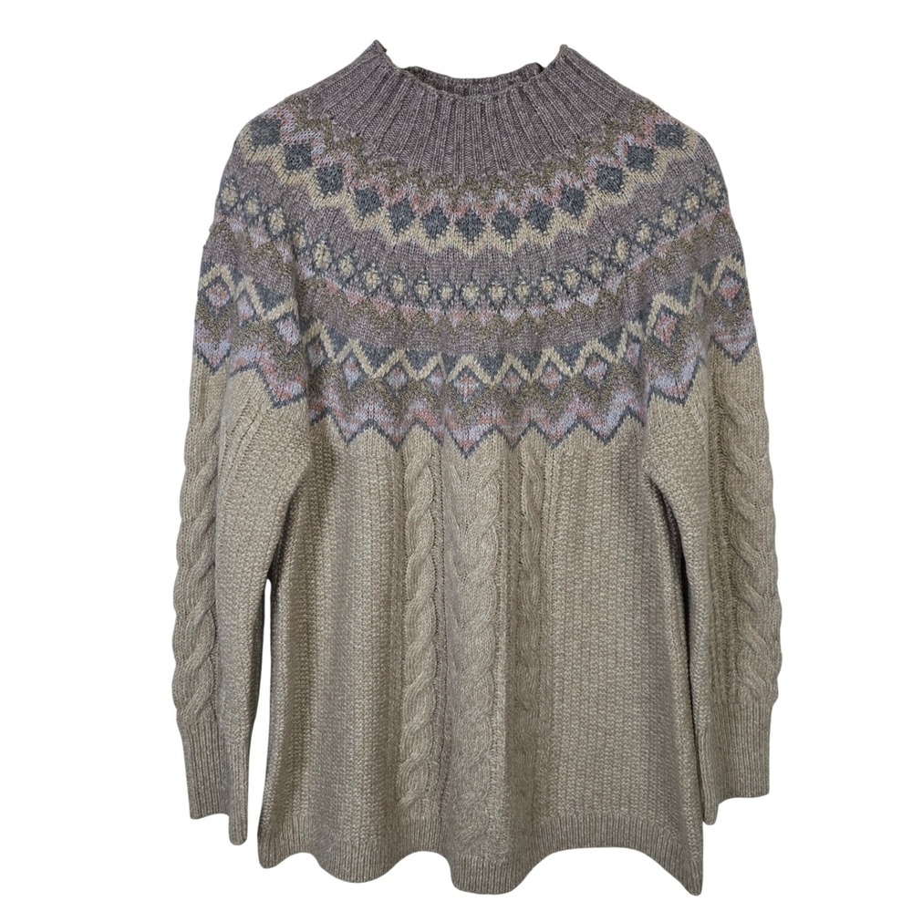 Chicos Fair Isle Cable Knit Sweater XL Metallic Mock Neck Beige Gray Sparkle